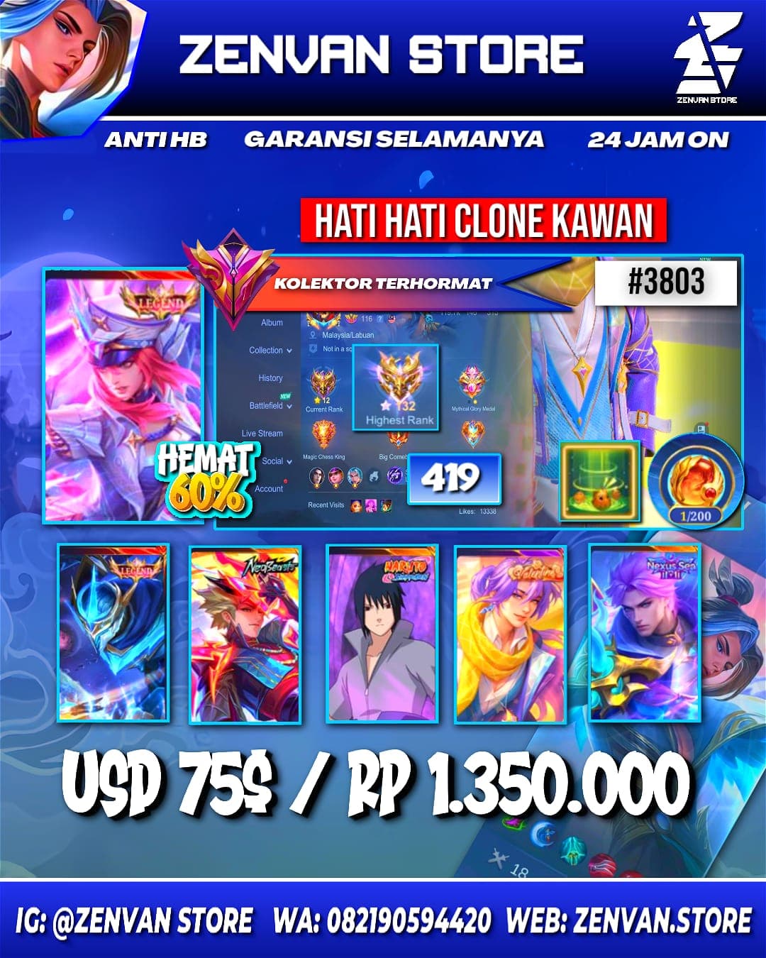 Foto akun ML #3803 🔥 419 Skins 🔥 Legends Freya & Gusion 🔥 Collectors Pharsa & Natalia 🔥 Valentine Lancelot 🔥 Neobeast Ling 🔥 Sasuke 🔥 11.11 Nolan 🔥 Ducati Benedetta 🔥 Prime Yu Zhong 🔥 Stun Selena 🔥 Spon - gambar 1