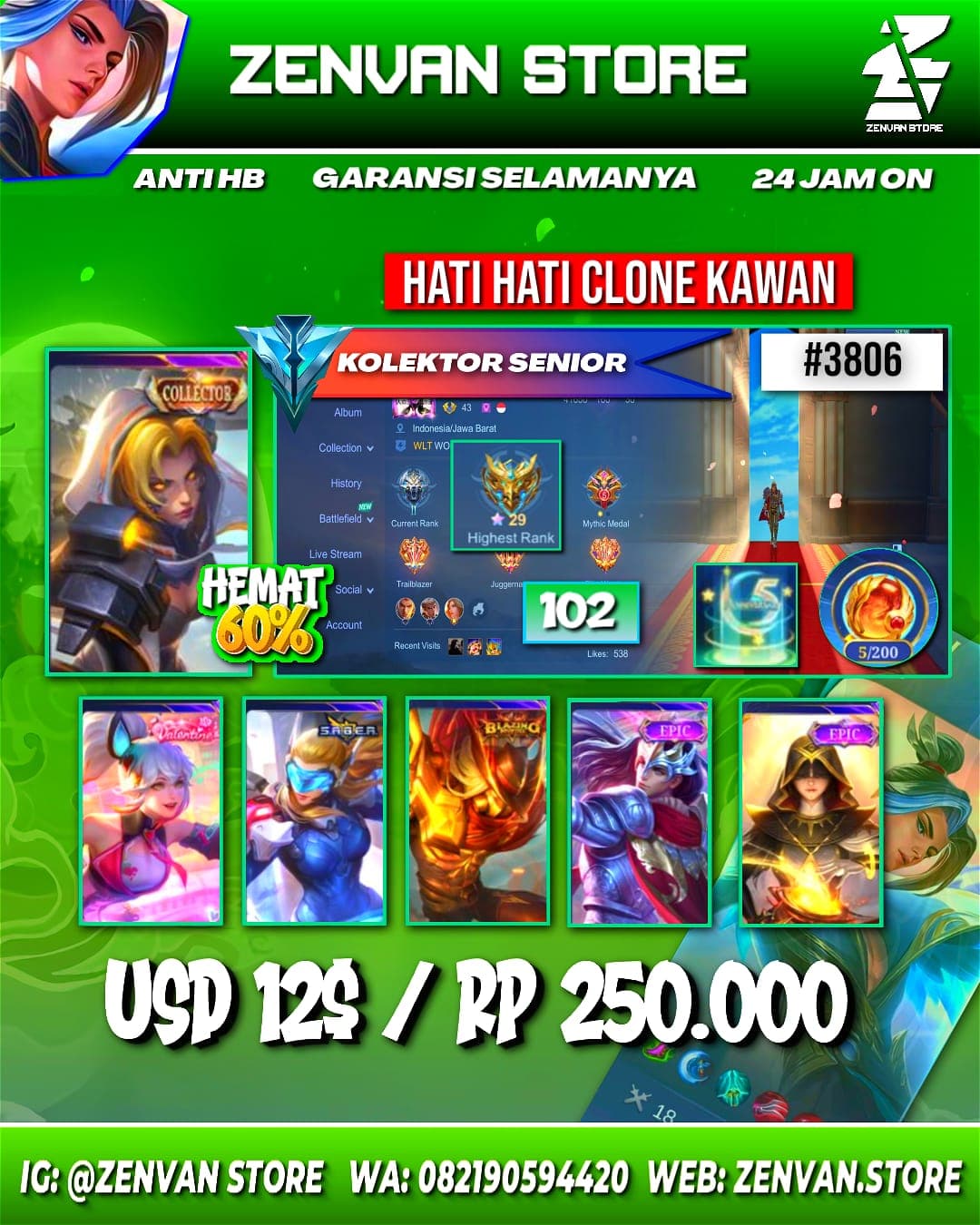 Foto akun ML #3806 🔥 102 Skins 🔥 Collector Natalia 🔥 Valentine Fanny 🔥 Many Special 🔥 Many Epic 🔥 Safe Account ✅ - gambar 1