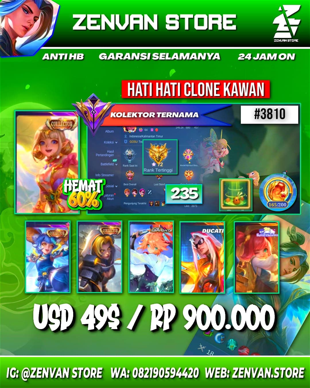 Foto akun ML #3810 🔥 235 Skins 🔥 Collectors Angela, Nana & Natalia 🔥 Aspirant Fanny 🔥 Ducati Leomord 🔥 Sanrio Chang’e & Floryn 🔥 Many Limited 🔥 Many Epic 🔥 Safe Account ✅ - gambar 1