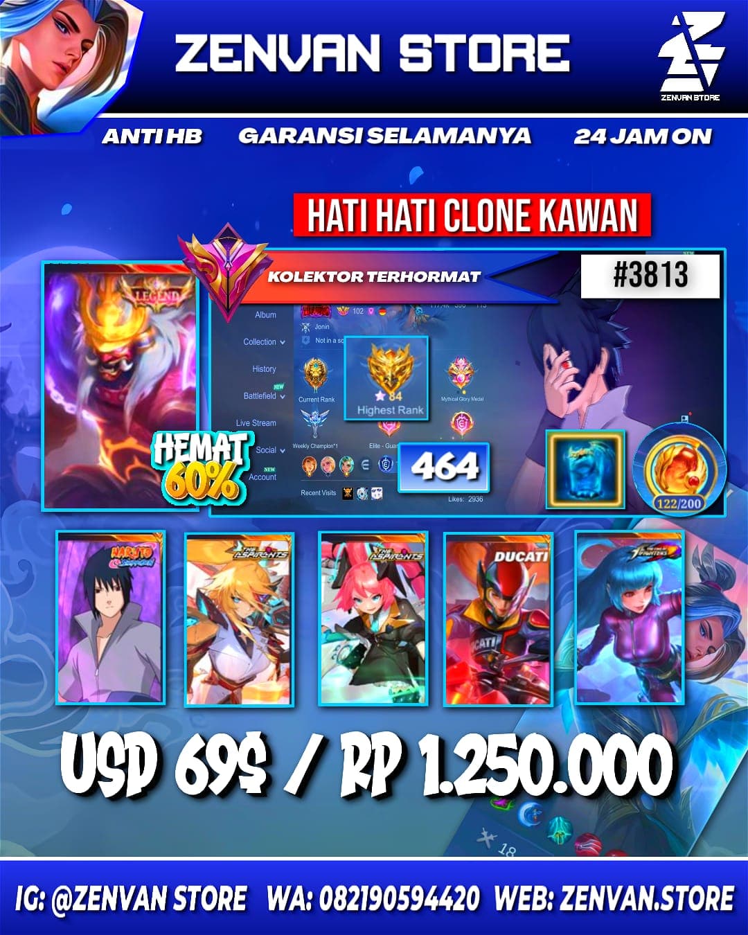 Foto akun ML #3813 🔥 464 Skins 🔥 Legend Franco 🔥 Collectors Gusion, Yu Zhong, Benedetta & Natalia 🔥 Sasuke 🔥 Aspirant Lesley & Layla 🔥 Ducati Irithel 🔥 Prime Granger, Yu Zhong & Beatrix 🔥 SpongeBob 🔥 Many - gambar 1