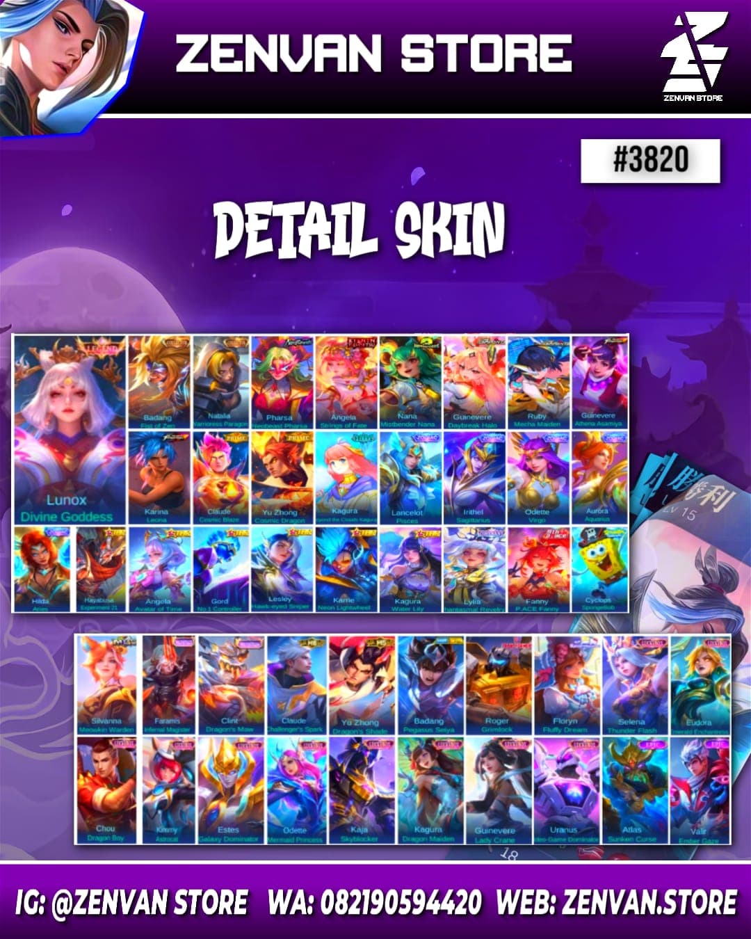Foto akun ML #3820 🔥 449 Skins 🔥 Legend Lunox 🔥 Collectors Badang & Natalia 🔥 Neobeast Pharsa 🔥 Kinshin Angela 🔥 Mistbender Nana 🔥 Aspirant Guinevere & Ruby 🔥 Prime Claude & Yu Zhong 🔥 Clouds Kagura 🔥 Tr - gambar 1