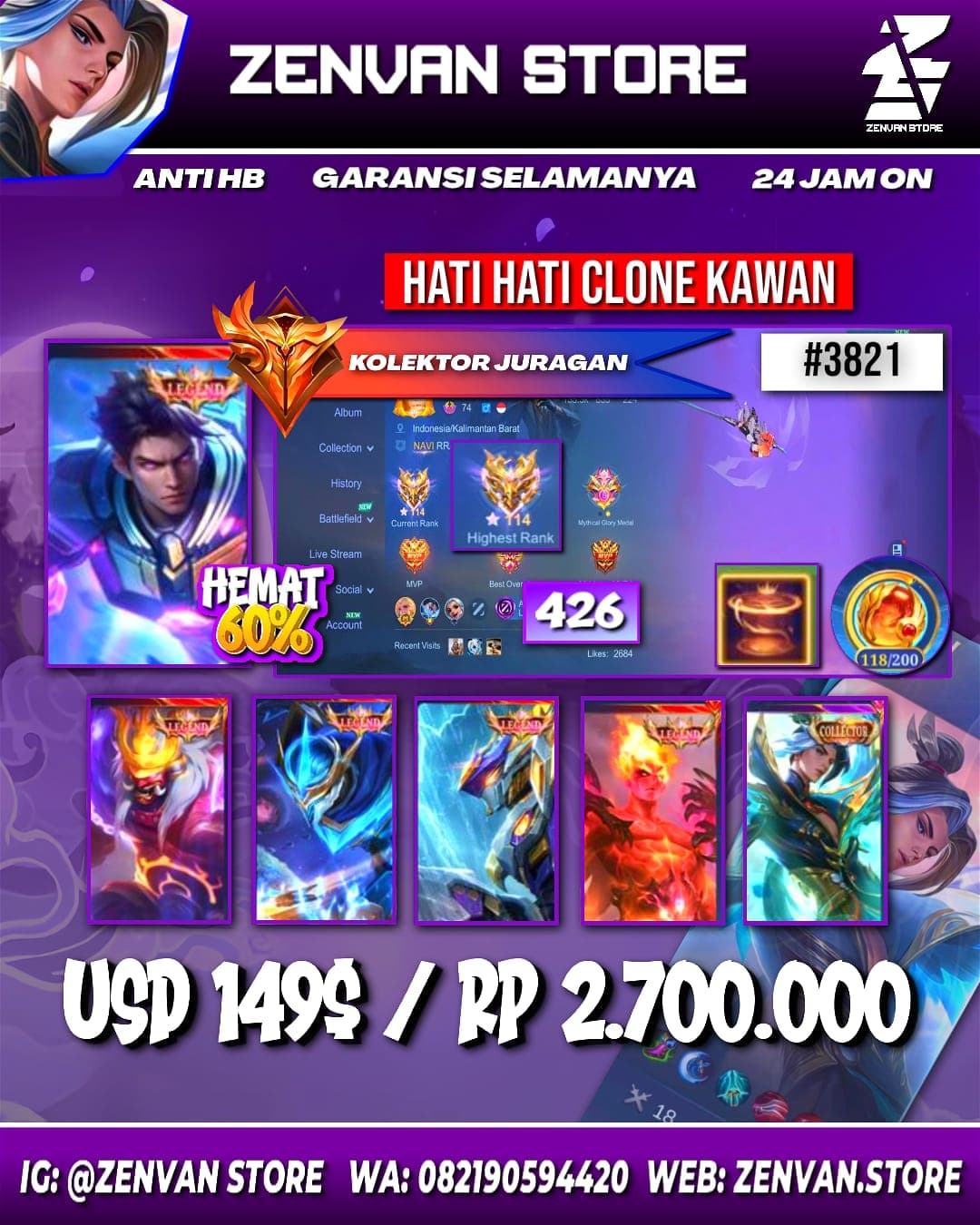 Foto akun ML #3821 🔥 426 Skins 🔥 Legends Franco, Gusion, Alucard, Saber & Valir 🔥 Collectors Ling, Yin Sun Shin, Zilong, Granger, Yu Zhong, Silvanna & Natalia 🔥 Neobeast Fredrinn 🔥 Aspirant Fanny, Layla & Ang - gambar 1