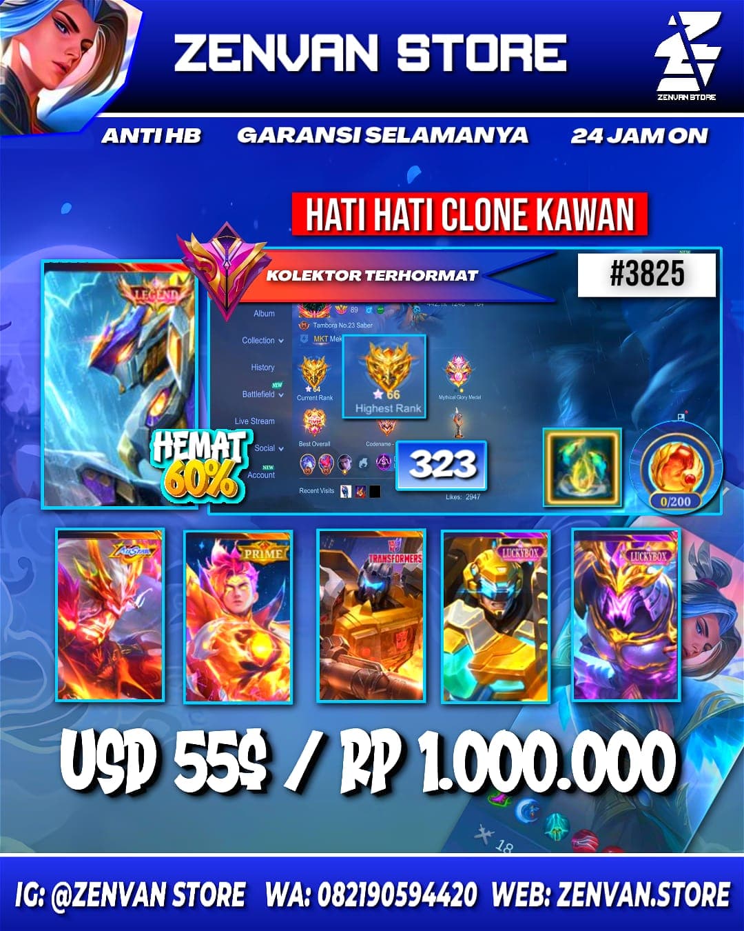 Foto akun ML #3825 🔥 323 Skins 🔥 Legend Saber 🔥 Internal Moskov 🔥 Prime Claude 🔥 Transformers Roger 🔥 KoF Karina 🔥 Many Limited 🔥 Many Epic 🔥 Safe Account ✅ - gambar 1