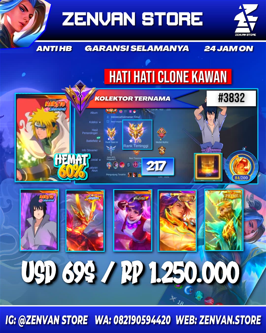 #3832 🔥 217 Skins 🔥 Collector Arlot & Natalia 🔥 Minato 🔥 Sasuke 🔥 Internal Moskov 🔥 KoF Guinevere & Karina 🔥 Prime Granger 🔥 Many Limited 🔥 Many Zodiac 🔥 Many Epic 🔥 Safe Account ✅