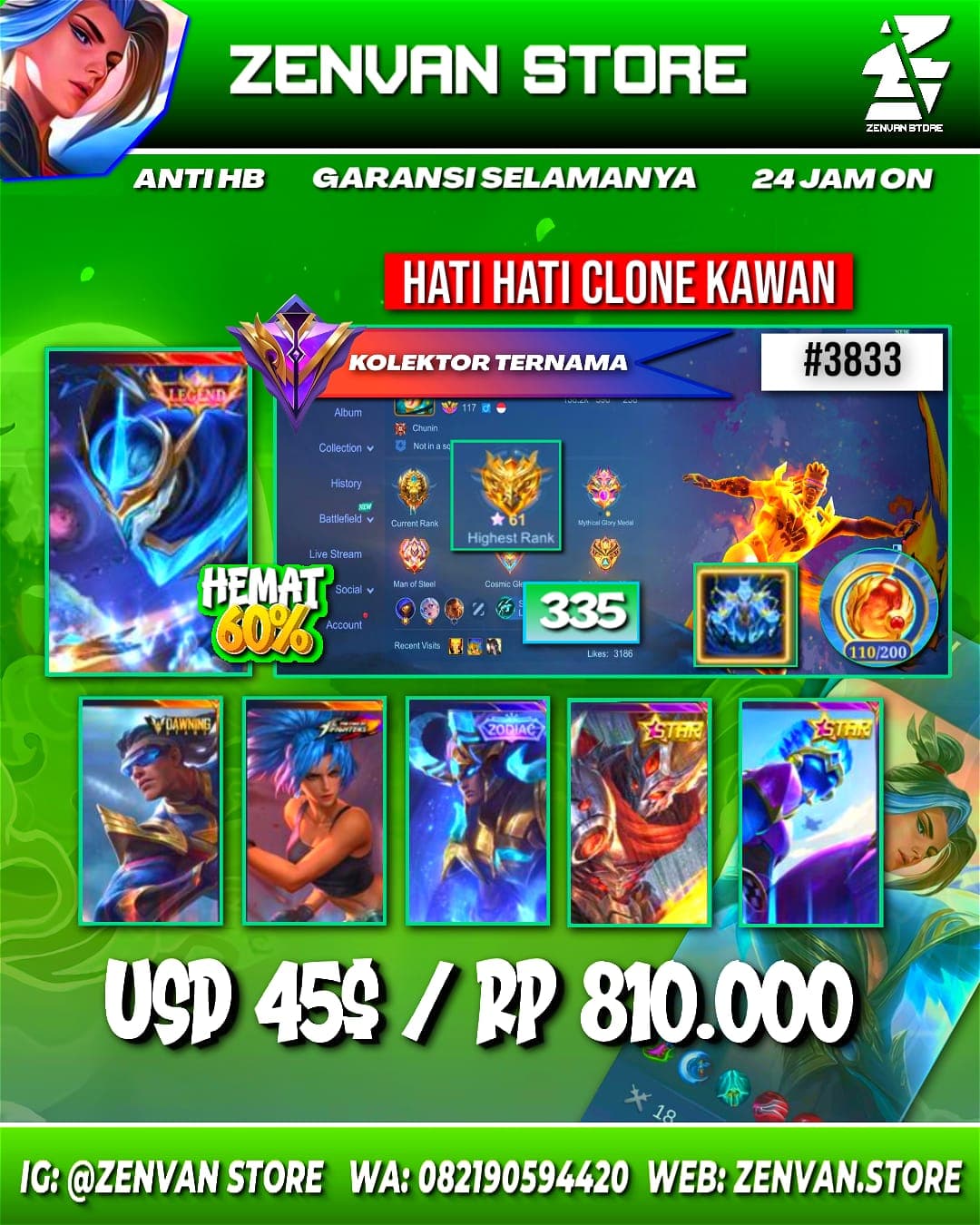 #3833 🔥 335 Skins 🔥 Legend Gusion 🔥 Drawing Bruno 🔥 KoF Karina 🔥 Many Limited 🔥 Many Zodiac 🔥 Many Epic 🔥 Safe Account ✅