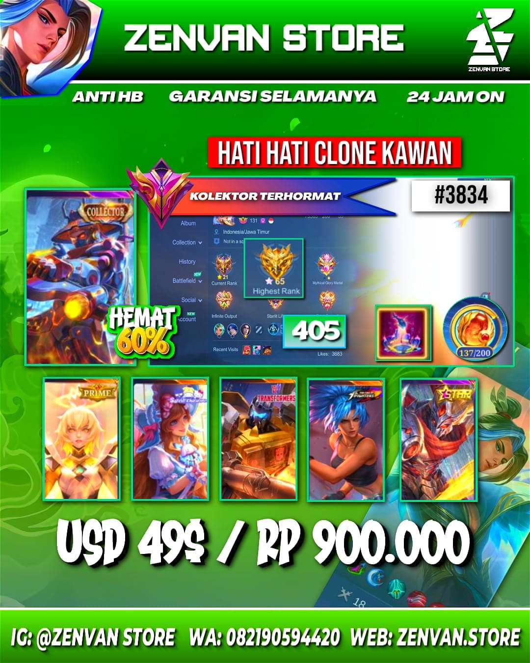 Foto akun ML #3834 🔥 405 Skins 🔥 Collector Yin Shun Shin & Natalia 🔥 Prime Beatrix 🔥 SpongeBob 🔥 KoF Karina 🔥 Transformer Roger 🔥 Many Limited 🔥 Many Zodiac 🔥 Many Epic 🔥 Safe Account ✅ - gambar 1