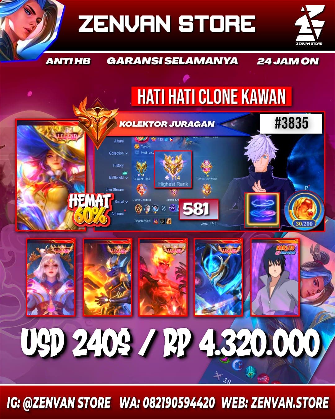 Foto akun ML #3835 🔥 581 Skins 🔥 Legend Lesley, Lunox, Gusion, Granger & Valir 🔥 Collector Xavier, Harith, Hanzo & Lapu 🔥 Sasuke 🔥 Sakura 🔥 11.11 Nolan 🔥 Hunter X Hunter - gambar 1