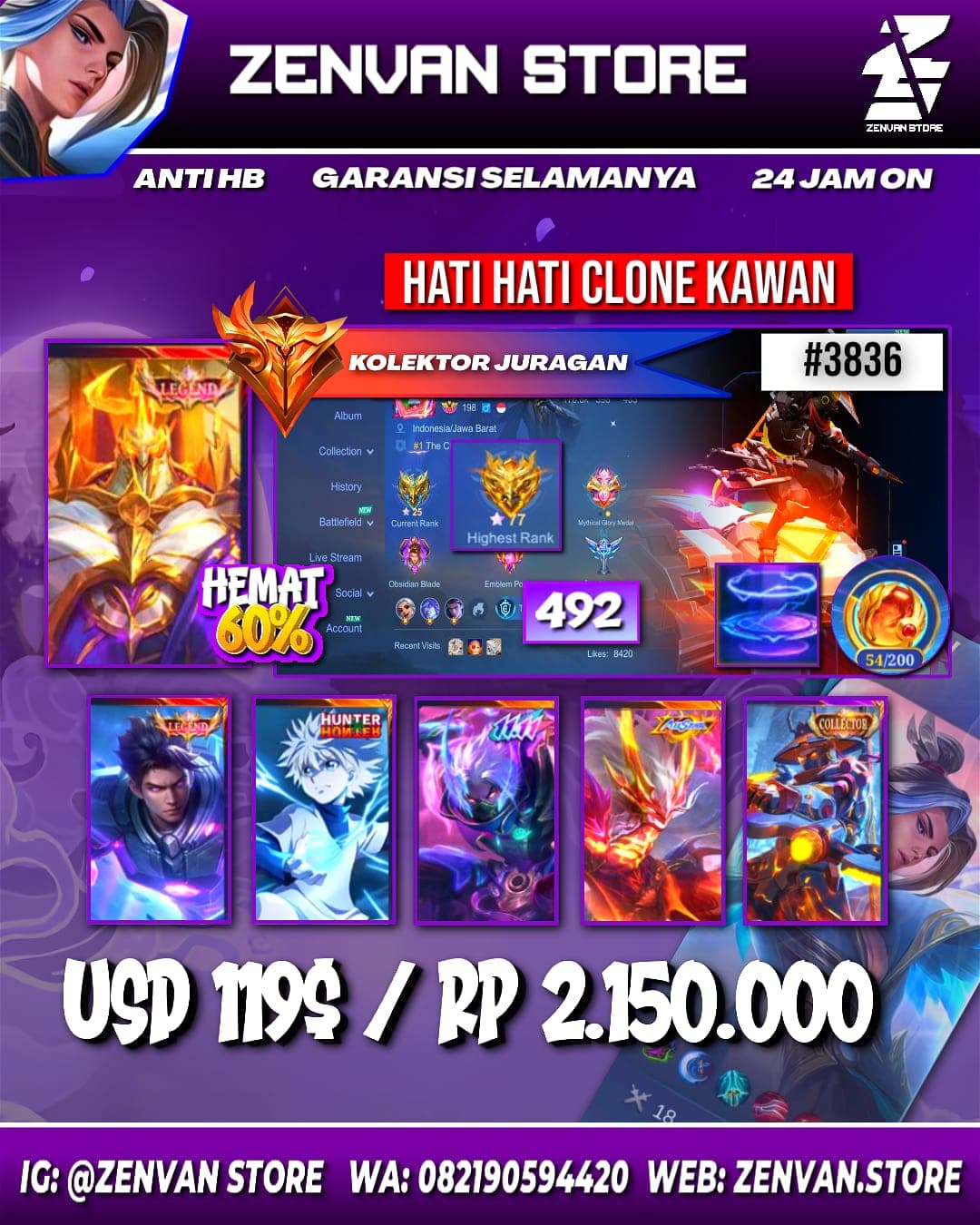 Foto akun ML #3836 🔥 492 Skins 🔥 Legend Jhonson & Alucard 🔥 Collector Yin Shun Shin & Natalia 🔥 Hunter X Hunter Killua 🔥 11.11 Hayabusa 🔥 Internal Moskov 🔥 Transformer Aldous & Roger 🔥 KoF Dyroth, Guinever - gambar 1