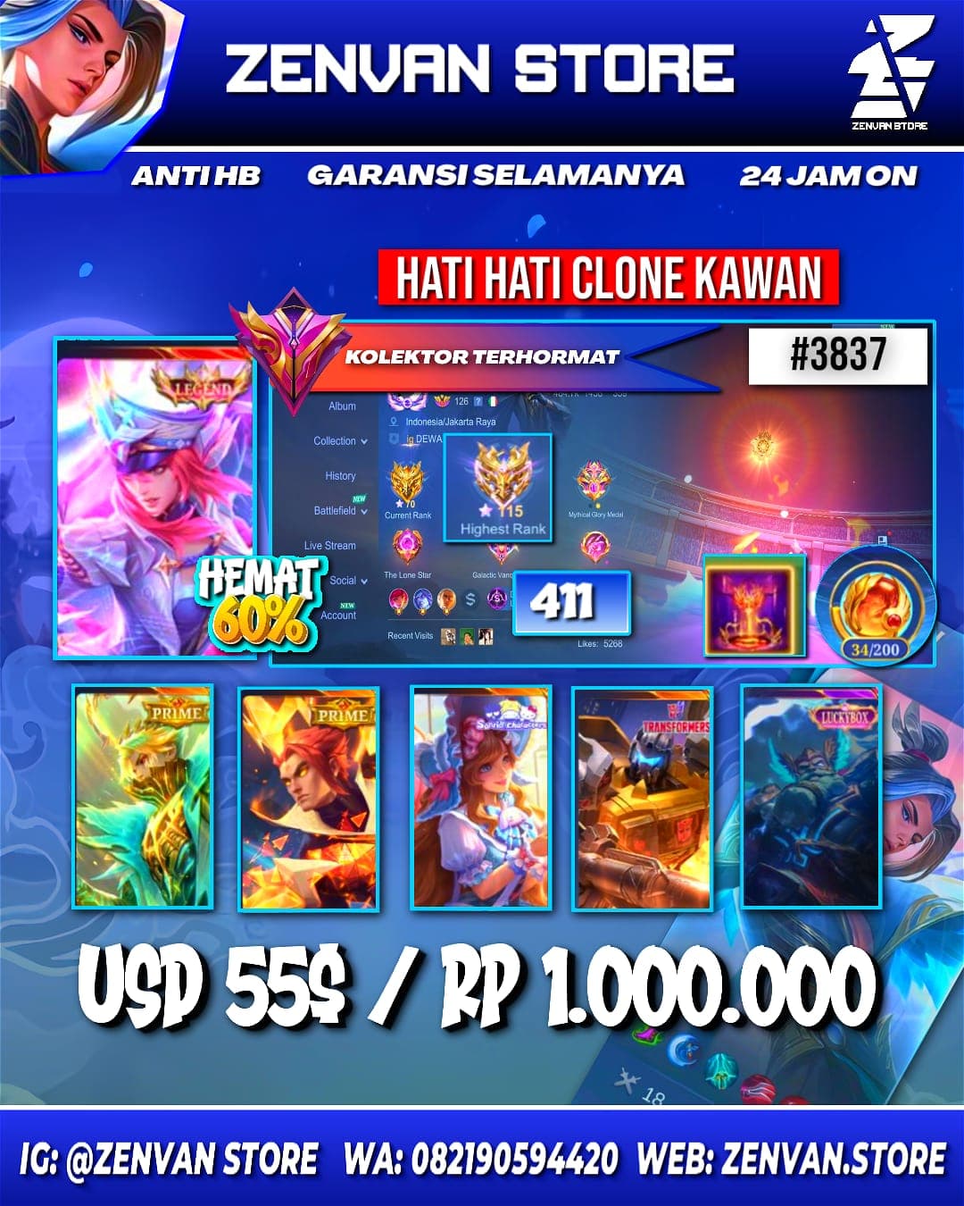Foto akun ML #3837 🔥 411 Skins 🔥 Legend Freya 🔥 Collector Natalia 🔥 Prime Granger & Yu Zhong 🔥 SpongeBob 🔥 Transformer Roger 🔥 KoF Karina 🔥 Many Limited 🔥 Many Zodiac 🔥 Many Epic 🔥 Safe Account ✅ - gambar 1