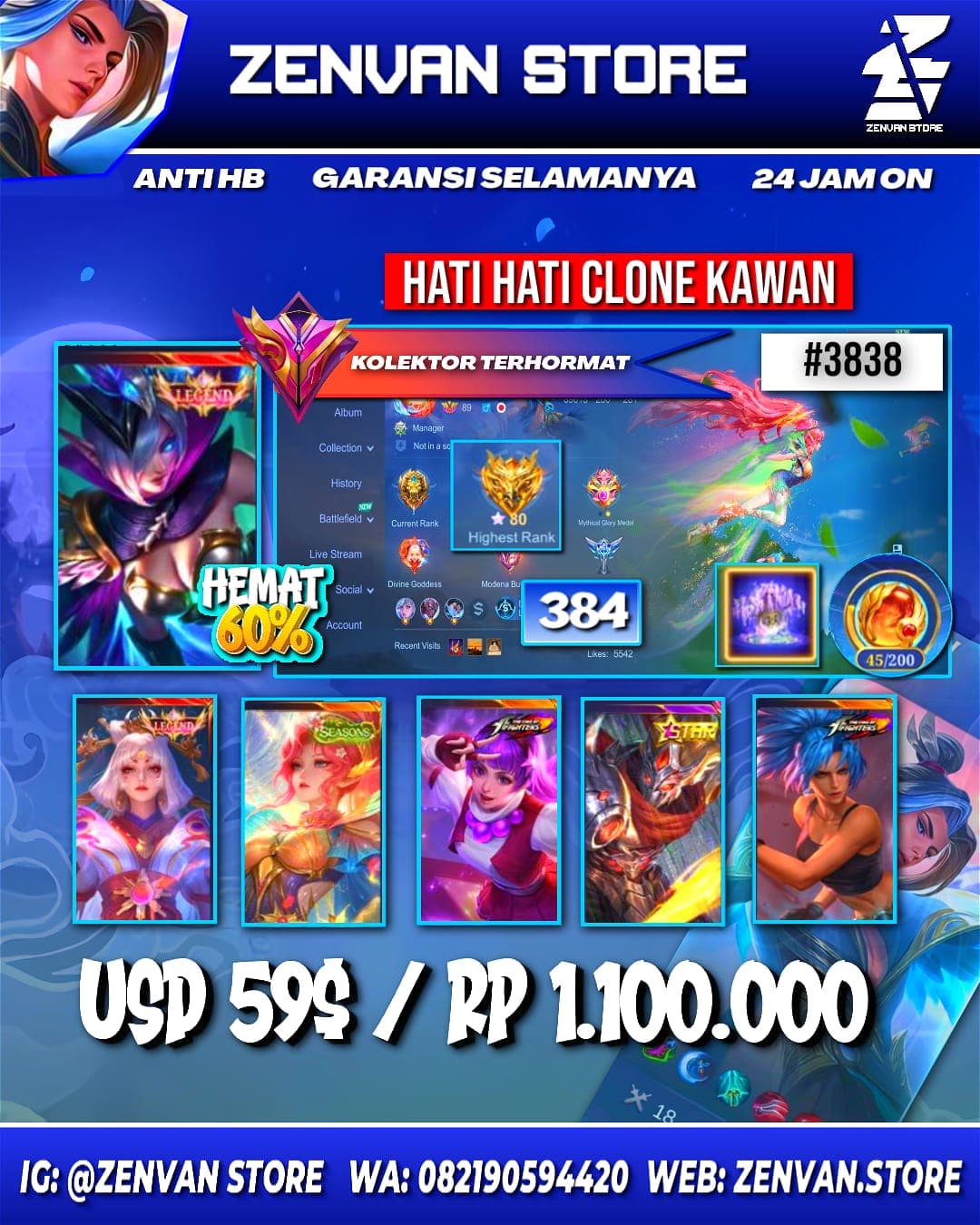 Foto akun ML #3838 🔥 384 Skins 🔥 Legend Lunox & Miya 🔥 Collector Pharsa 🔥 KoF Guinevere & Karina 🔥 Clouds Kagura 🔥 M World Wanwan 🔥 Transformer Roger 🔥 Many Limited 🔥 Many Zodiac 🔥 Many Epic 🔥 Safe Acco - gambar 1