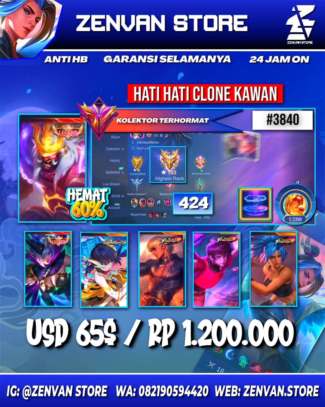 Foto akun ML #3840 🔥 424 Skins 🔥 Legend Franco & Miya 🔥 Collector Natalia 🔥 Aspirant Ruby 🔥 KoF Gusion, Dyroth & Karina 🔥 SpongeBob 🔥 Transformer Roger 🔥 Stun Chou 🔥 Many Limited 🔥 Many Zodiac 🔥 Many Ep - gambar 1