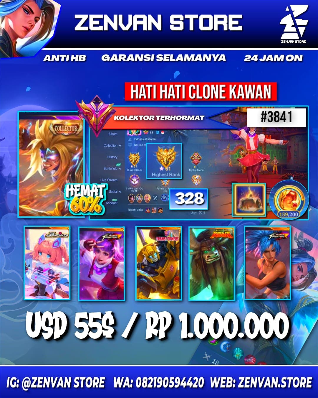 Foto akun ML #3841 🔥 328 Skins 🔥 Collector Badang & Natalia 🔥 Aspirant Angela 🔥 KoF Guinevere & Karina 🔥 Transformer X Borg & Roger 🔥 Prime Yu Zhong 🔥 Many Limited 🔥 Many Zodiac 🔥 Many Epic 🔥 Safe Accoun - gambar 1
