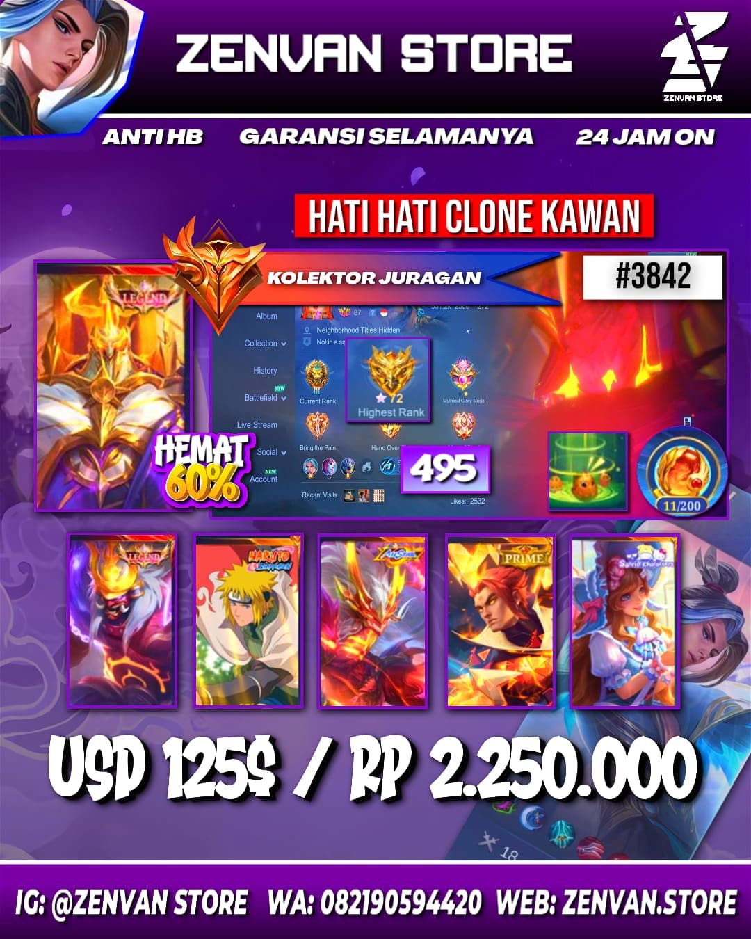 #3842 🔥 495 Skins 🔥 Legend Jhonson & Franco 🔥 Collector Natalia 🔥 Minato 🔥 Internal Moskov 🔥 Clouds Kagura 🔥 Prime Claude & Yu Zhong 🔥 KoF Karina 🔥 Transformer Roger 🔥 Many Limited 🔥 Many Z