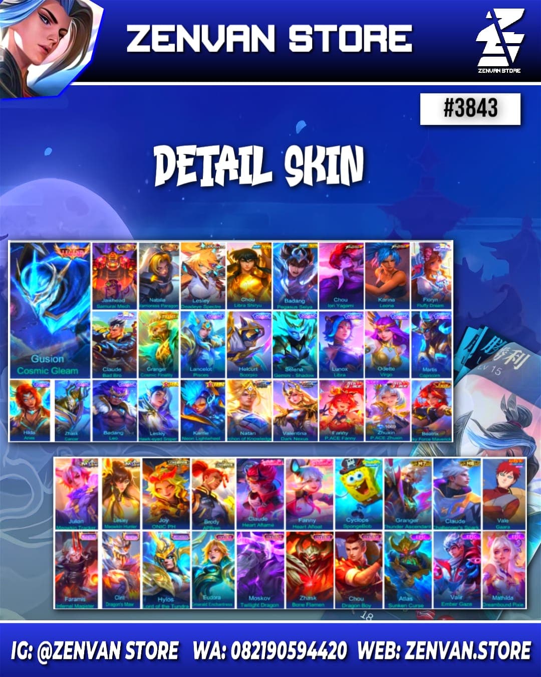 #3843 🔥 500 Skins 🔥 Legend Gusion 🔥 Collector Jawhead & Natalia 🔥 Aspirant Lesley 🔥 Saint Seiya Chou 🔥 KoF Chou & Karina 🔥 Sanrio Floryn & Claude
