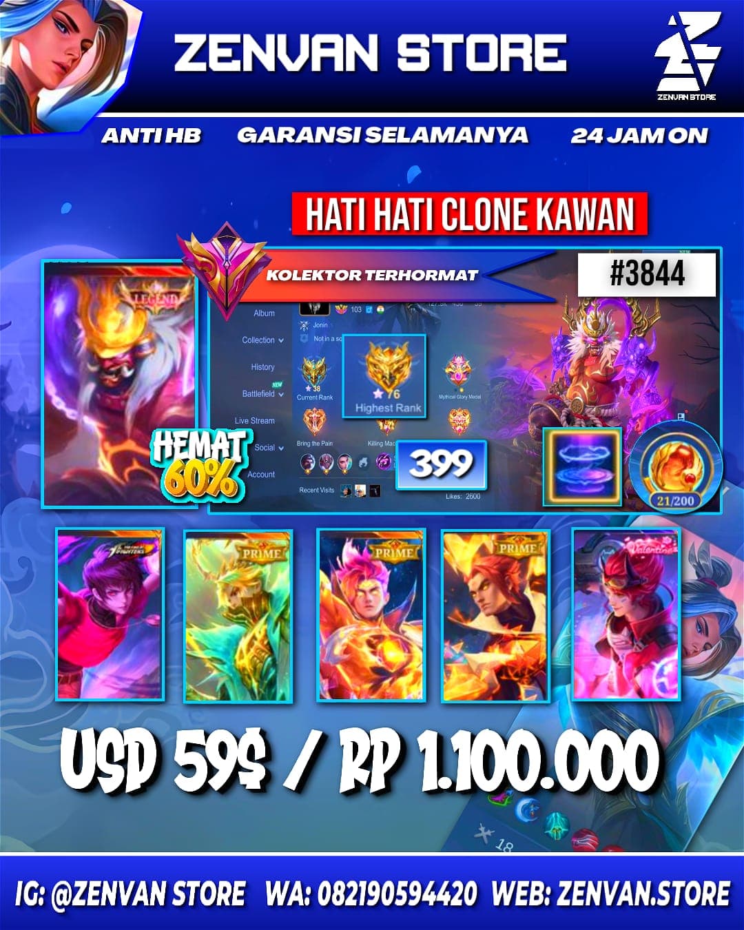 #3844 🔥 399 Skins 🔥 Legend Franco 🔥 Collector Badang & Natalia 🔥 KoF Dyroth & Karina 🔥 Prime Granger, Claude & Yu Zhong 🔥 Clouds Kagura 🔥 SpongeBob 🔥 Sanrio Floryn 🔥 Many Limited 🔥 Many Zodi
