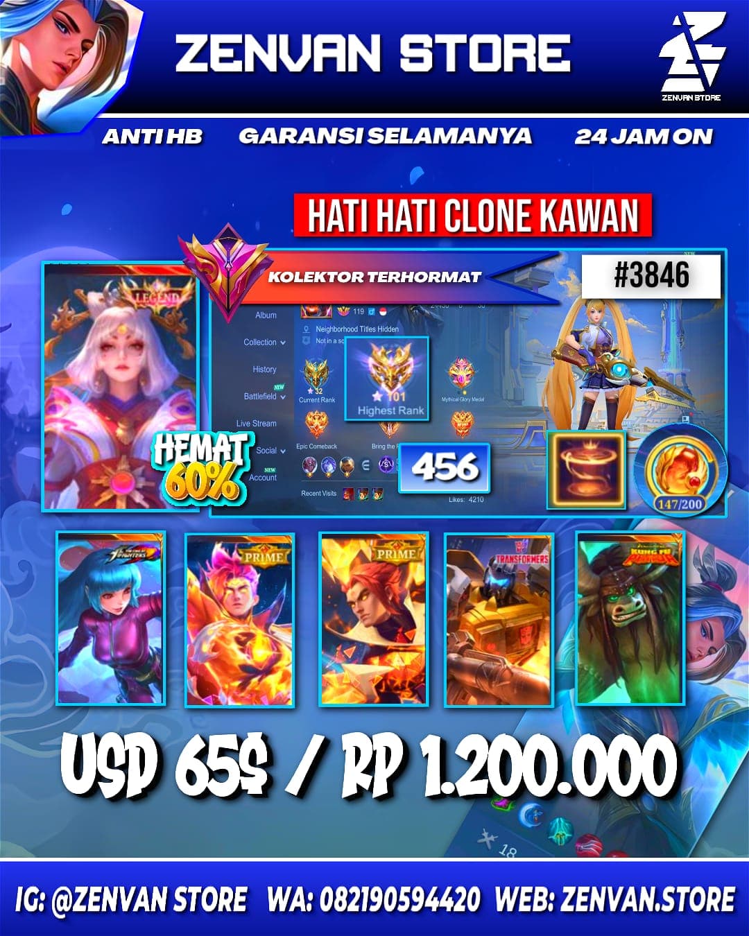 #3846 🔥 456 Skins 🔥 Legend Lunox 🔥 Collector Natalia 🔥 KoF Aurora & Karina 🔥 Prime Claude, Yu Zhong & Beatrix 🔥 Stun Chou 🔥 M World Wanwan