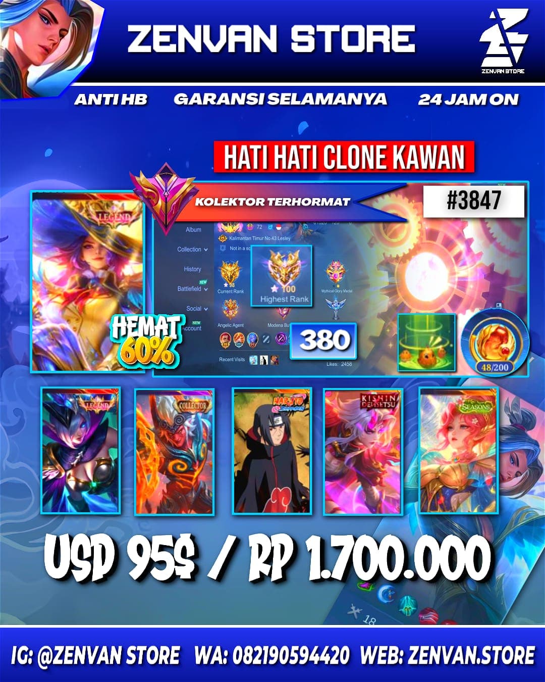 #3847 🔥 380 Skins 🔥 Legend Lesley 🔥 Collector Kufra & Natalia 🔥 Itachi 🔥 Kinsin Karrie 🔥 Soul Valls Hanabi 🔥 Aspirant Fanny