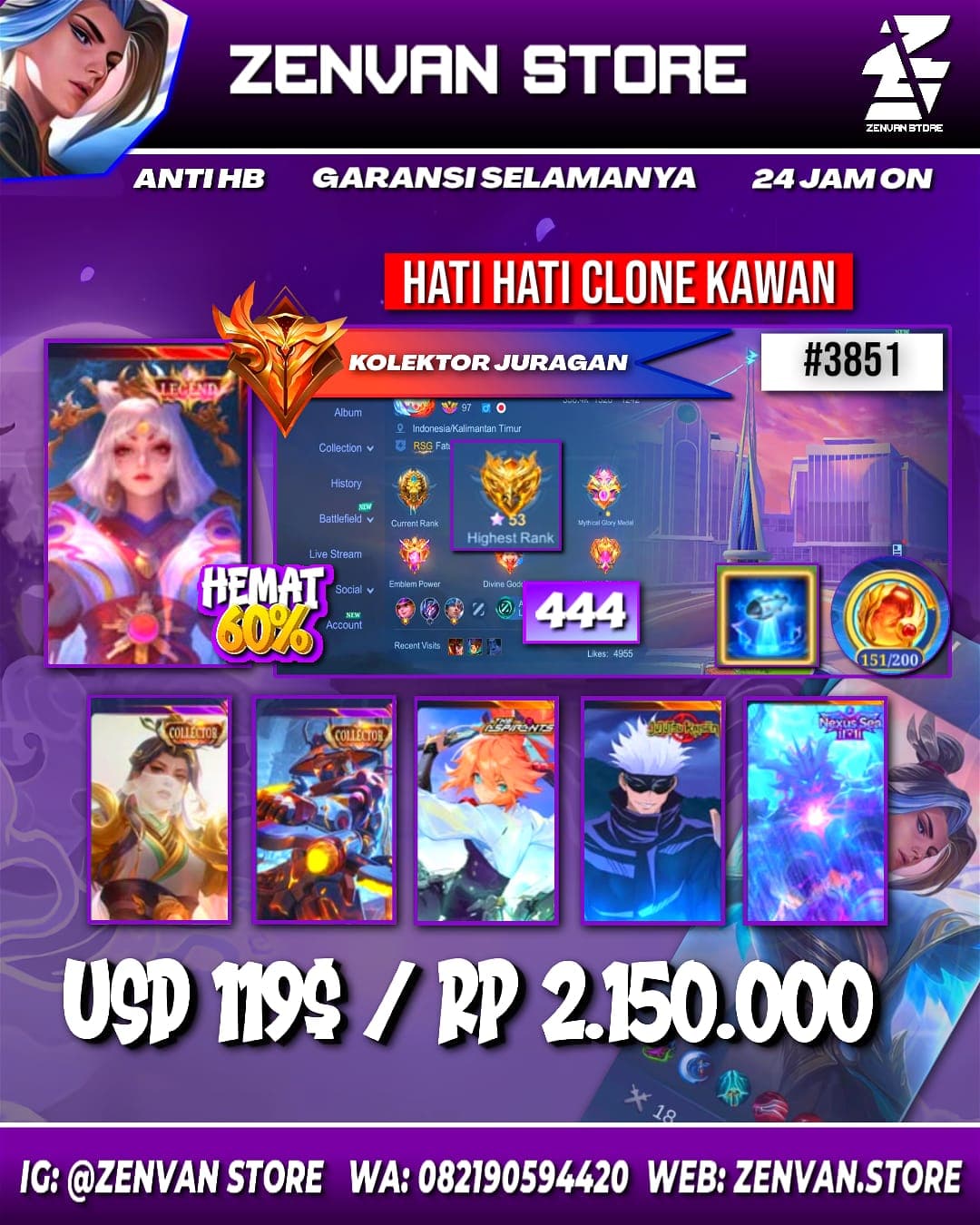 Foto akun ML #3851 🔥 444 Skins 🔥 Legend Lunox 🔥 Collector Luo Yi, Yin Shun Shin & Natalia 🔥 Jujutsu Kaisen Gojo 🔥 11.11 Thamu - gambar 1