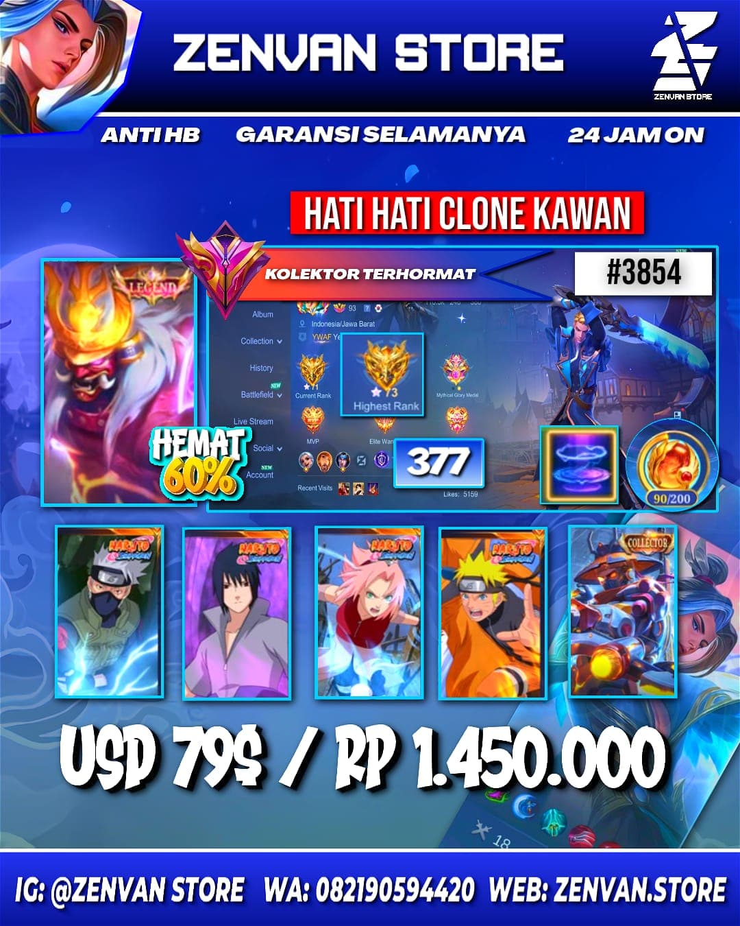 Foto akun ML #3854 🔥 377 Skins 🔥 Legend Franco 🔥 Collector Yin Shun Shin & Natalia 🔥 Naruto 🔥 Sasuke 🔥 Kakashi 🔥 Sakura 🔥 - gambar 1