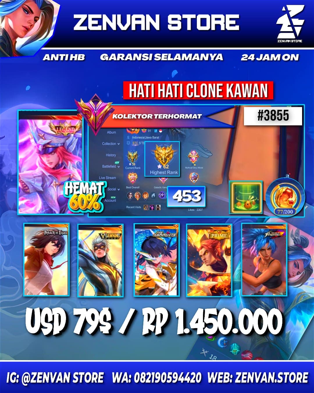 Foto akun ML #3855 🔥 453 Skins 🔥 Legend Freya 🔥 Collector Natalia 🔥 Drawing Vale 🔥 Attack on Titan Mikasa 🔥 Aspirant Ruby - gambar 1