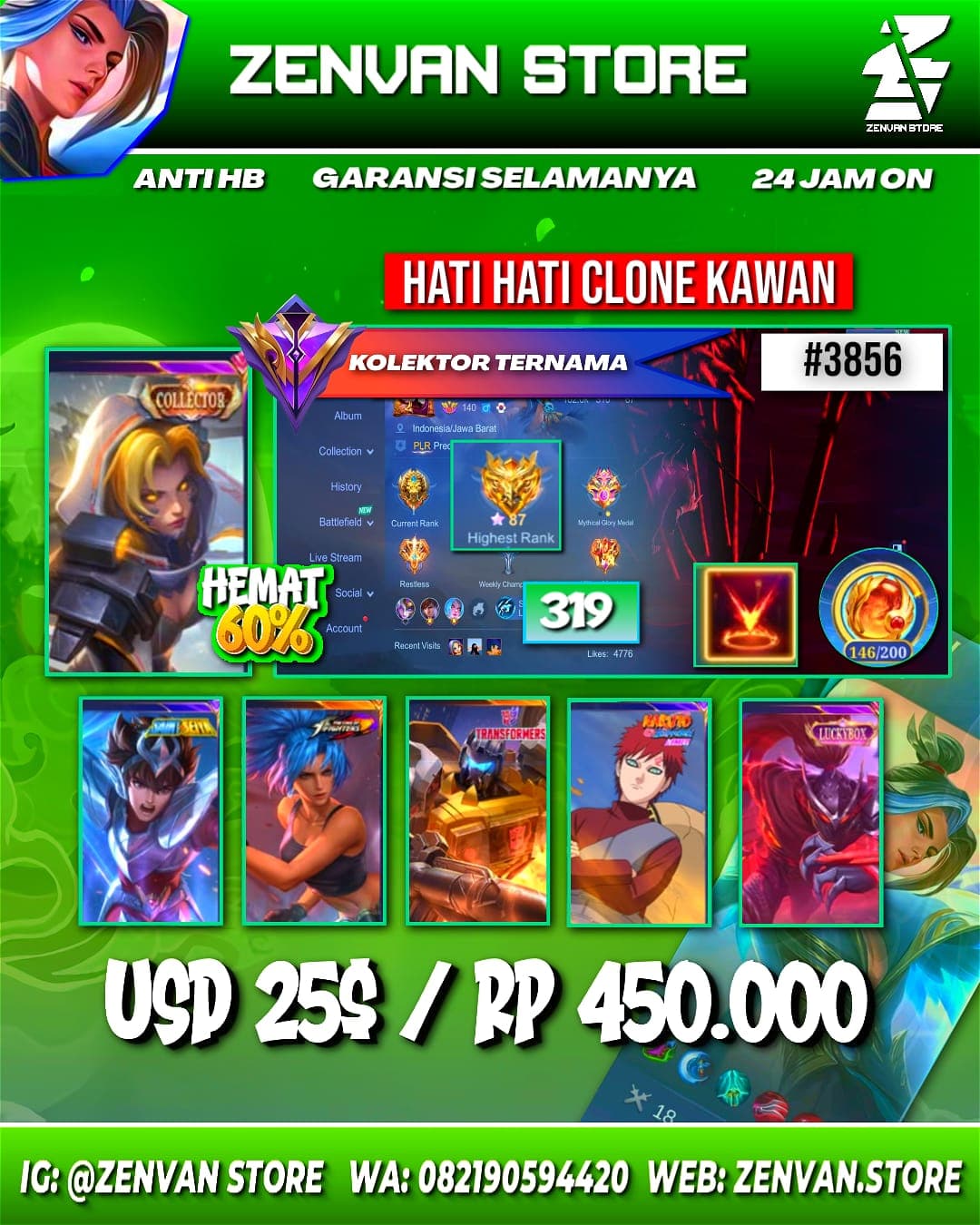 Foto akun ML #3856 🔥 319 Skins 🔥 Collector Natalia 🔥 M World Ling 🔥 Transformer Roger 🔥 KoF Karina 🔥 Gara 🔥 Many Limited - gambar 1