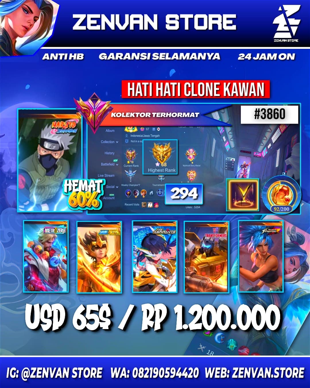 Foto akun ML #3860 🔥 294 Skins 🔥 Collector Natalia 🔥 Kakashi 🔥 Zero Roger 🔥 Saint Seiya Badang 🔥 SpongeBob - gambar 1