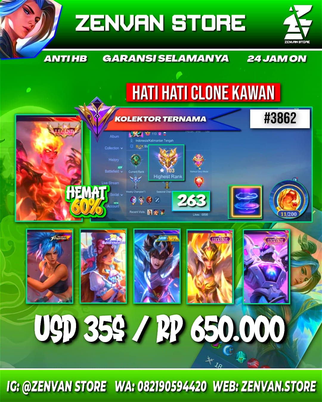 Foto akun ML #3862 🔥 263 Skins 🔥 Legend Valir 🔥 KoF Karina 🔥 Sanrio Floryn 🔥 M World Wanwan 🔥 Many Limited 🔥 Many Zodiac 🔥 - gambar 1