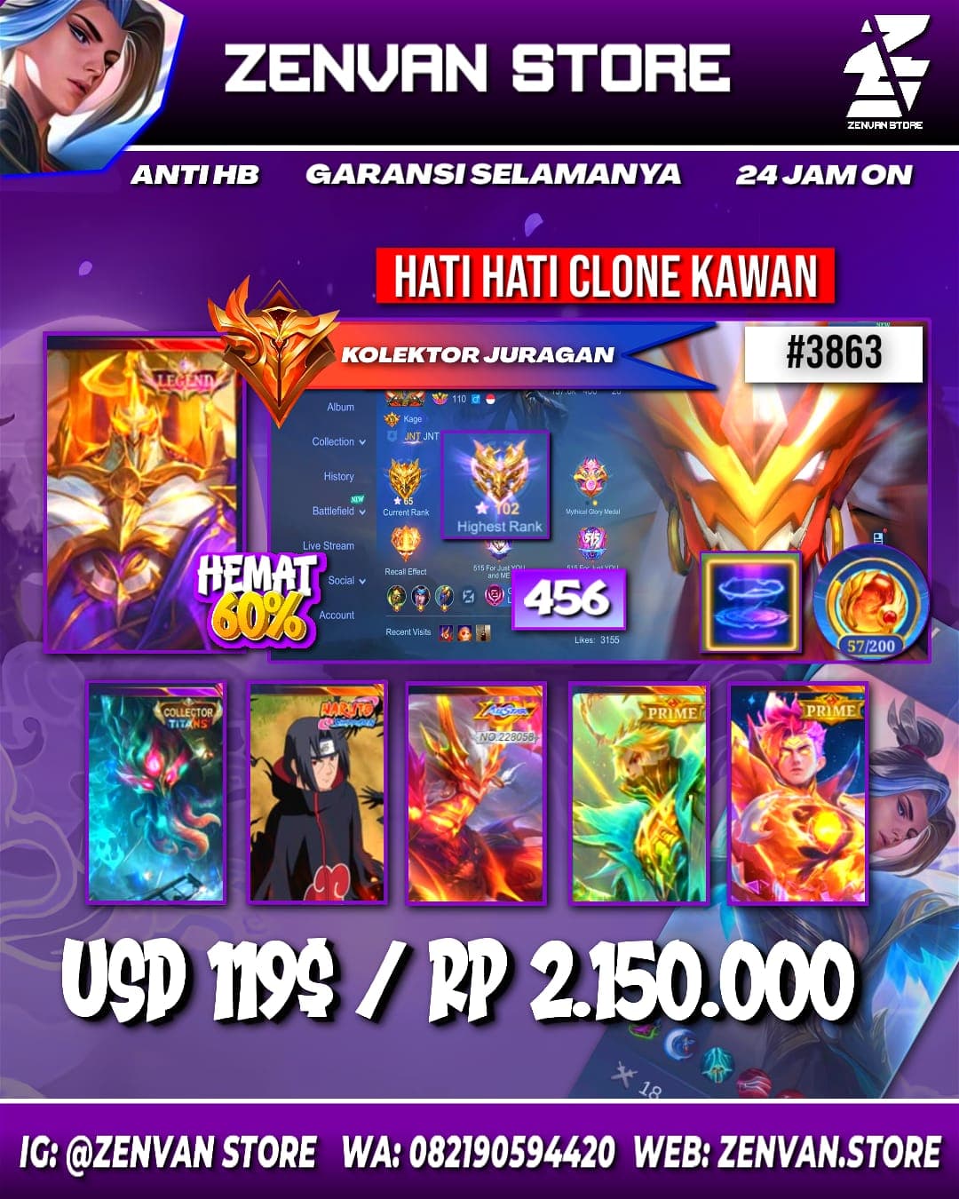 Foto akun ML #3863 🔥 456 Skins 🔥 Legend Franco 🔥 Collector Grock & Natalia 🔥 Itachi 🔥 Aspirant Ruby 🔥 Internal Moskov 🔥 - gambar 1
