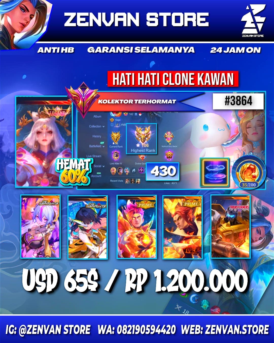 Foto akun ML #3864 🔥 430 Skins 🔥 Legend Lunox 🔥 Collector Natalia 🔥 Aspirant Vexana & Ruby 🔥 Full Prime 🔥 Stun Brody 🔥 - gambar 1