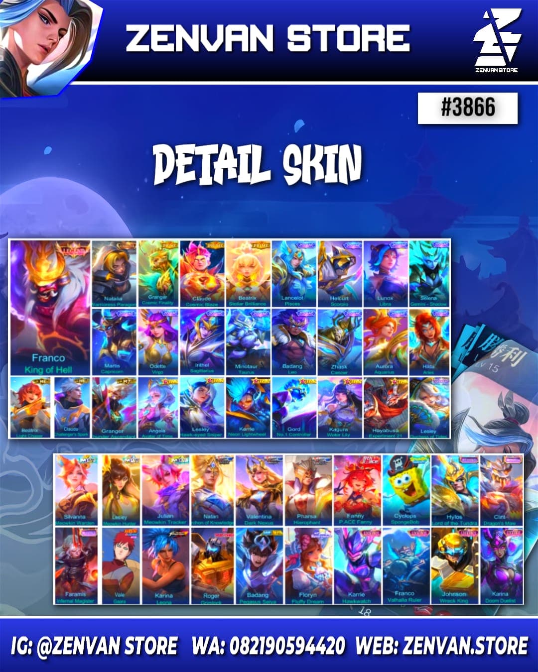 Foto akun ML #3866 🔥 523 Skins 🔥 Legend Franco 🔥 Collector Natalia 🔥 Prime Granger, Claude & Beatrix 🔥 SpongeBob 🔥 - gambar 1