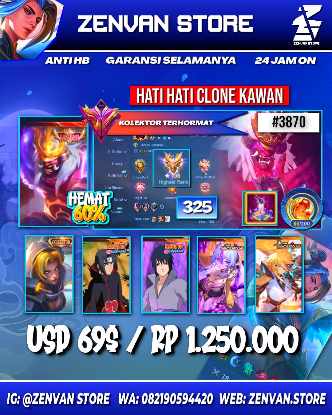 #3870 🔥 325 Skins 🔥 Legend Franco 🔥 Collector Natalia 🔥 Itachi 🔥 Sasuke 🔥 Aspirant Vexana & Lesley 🔥