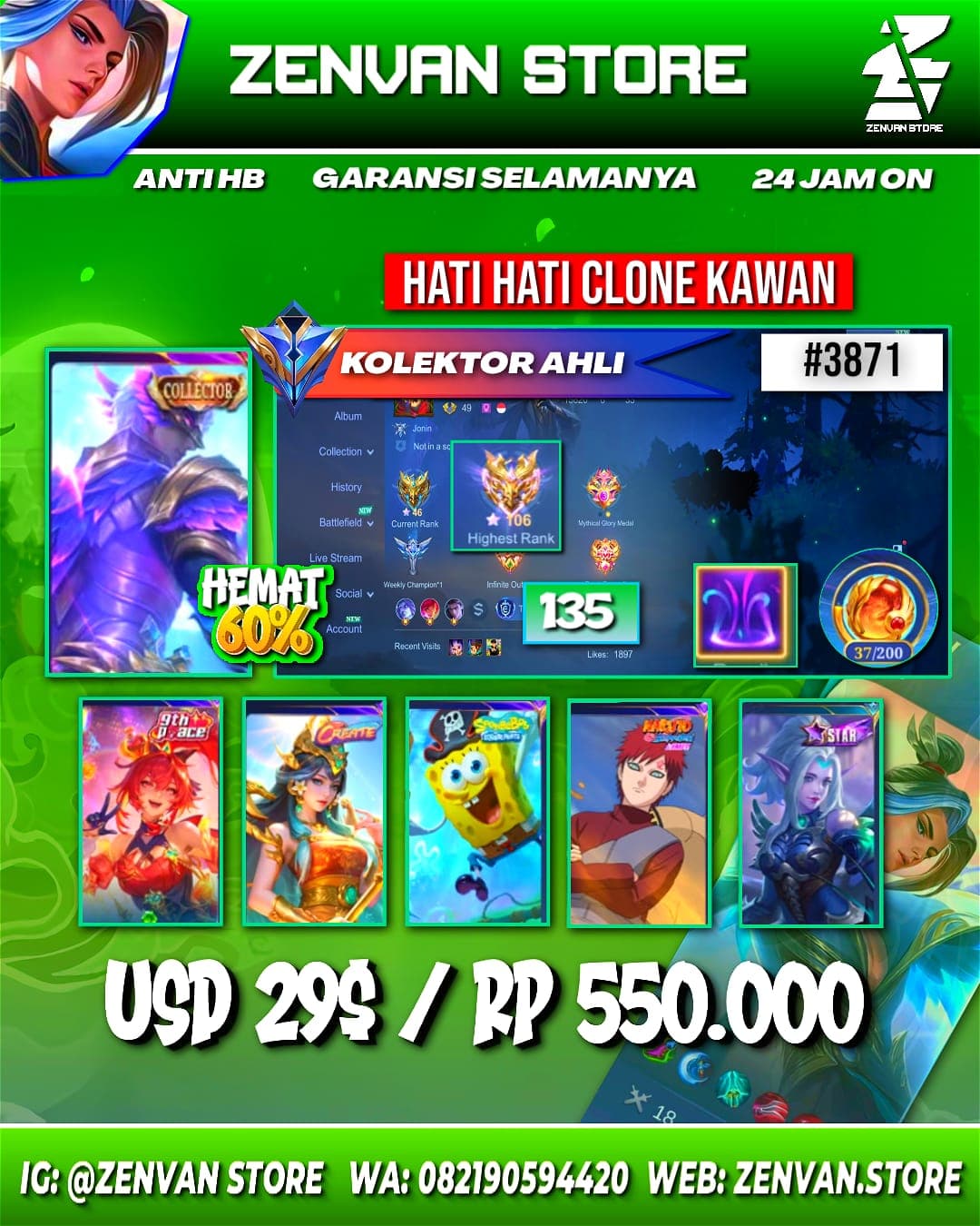 #3871 🔥 135 Skins 🔥 Collector Gusion 🔥 SpongeBob 🔥 Gara 🔥 Many Epic 🔥 Many Special 🔥 Safe Account