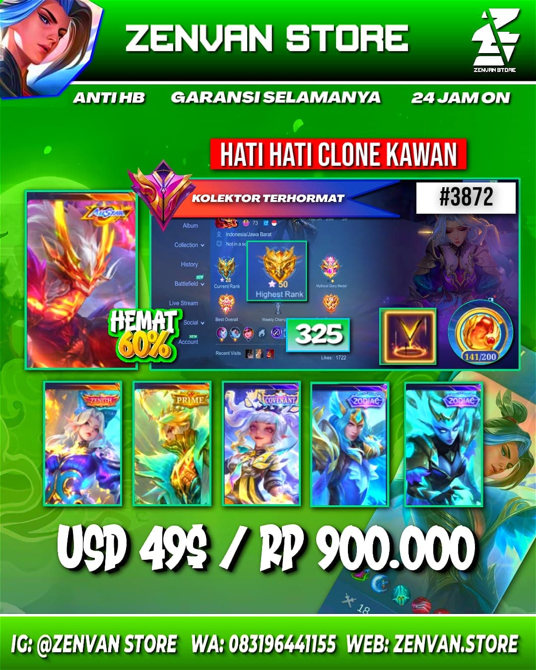 Foto akun ML #3872 🔥 325 Skins 🔥 Collector Natalia 🔥 Zenith Vexana 🔥 Infernal Moskov 🔥 SpongeBob 🔥 Many Limited 🔥 Many Zodiac 🔥 Many Epic 🔥 - gambar 1