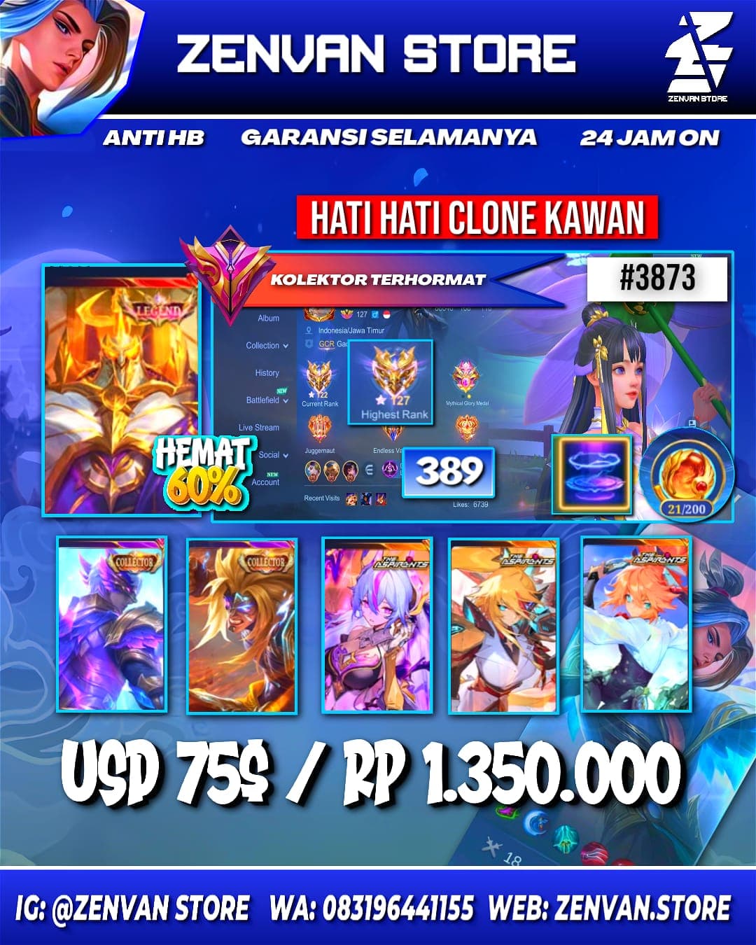 Foto akun ML #3873 🔥 389 Skins 🔥 Legend Jhonson 🔥 Collector Gusion, Badang & Natalia 🔥 Aspirant Fanny, Vexana & Lesley 🔥 Prime Beatrix 🔥 - gambar 1