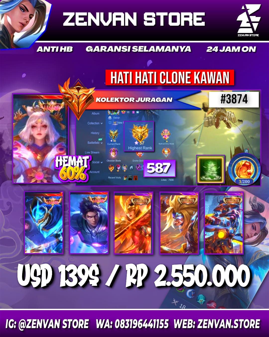Foto akun ML #3874 🔥 587 Skins 🔥 Legend Lunox, Alucard & Gusion 🔥 Collector Yin Shun Shin, Pharsa, Badang & Natalia 🔥 - gambar 1