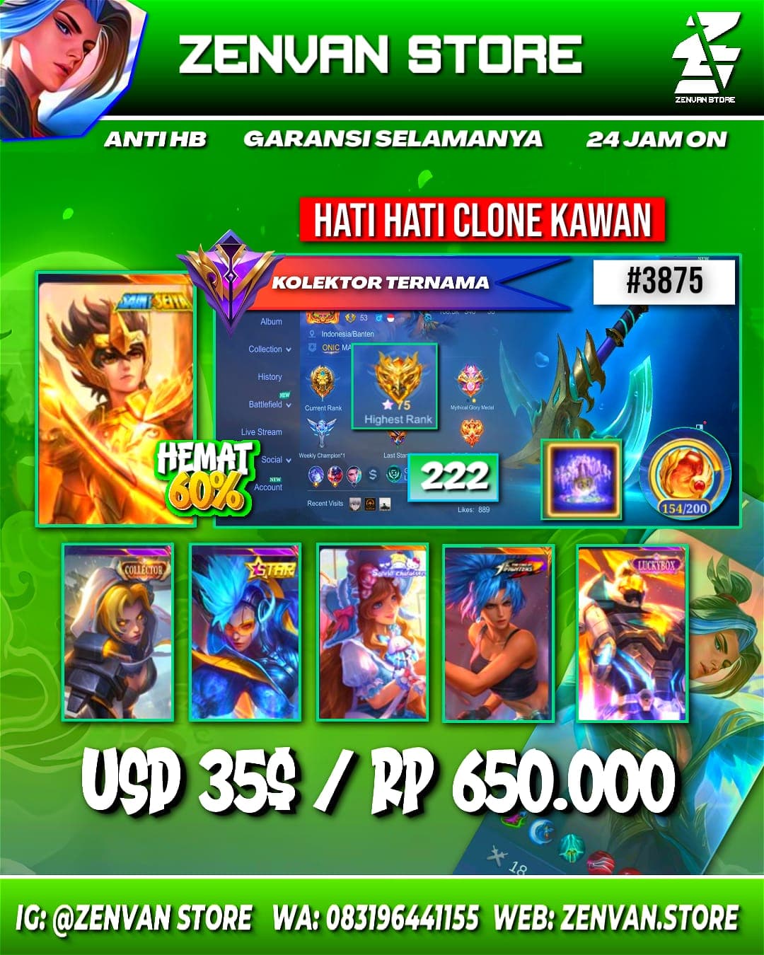 Foto akun ML #3875 🔥 222 Skins 🔥 Collector Natalia 🔥 SpongeBob 🔥 KoF Karina 🔥 Saint Seiya Badang 🔥 Sanrio Floryn 🔥 Many Limited 🔥 Many Epic 🔥 Safe Account ✅ - gambar 1