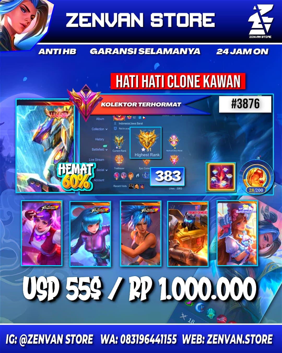 Foto akun ML #3876 🔥 383 Skins 🔥 Legend Saber 🔥 Collector Natalia 🔥 KoF Guinevere, Aurora & Karina 🔥 SpongeBob 🔥 - gambar 1