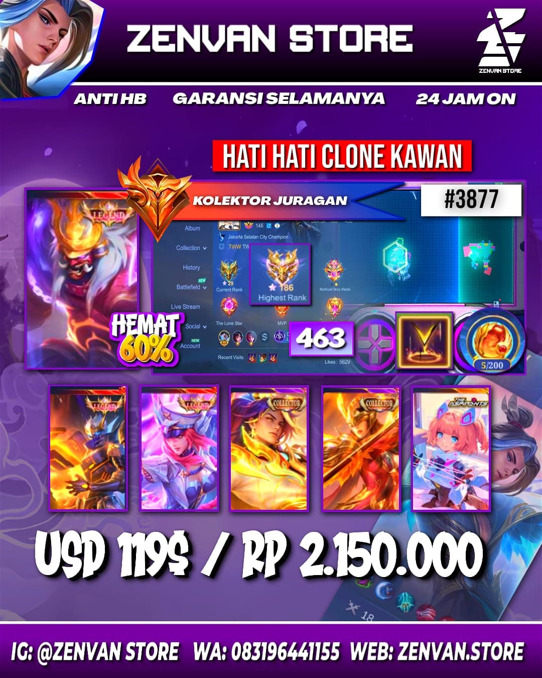 Foto akun ML #3877 🔥 463 Skins 🔥 Legend Freya, Franco & Granger 🔥 Collector Arlot, Pharsa & Natalia 🔥 Aspirant Angela 🔥 - gambar 1
