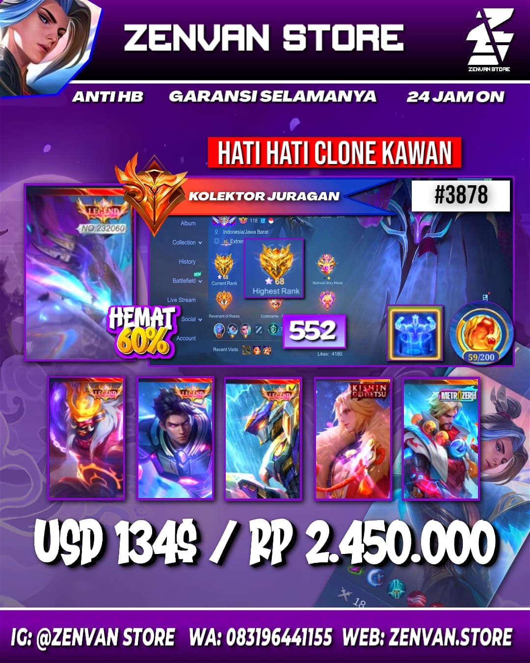 Foto akun ML #3878 🔥 552 Skins 🔥 Legend Alpha, Franco, Alucard & Saber 🔥 Collector Pharsa & Natalia 🔥 Kinsin Lance 🔥 Zero Roger 🔥 - gambar 1