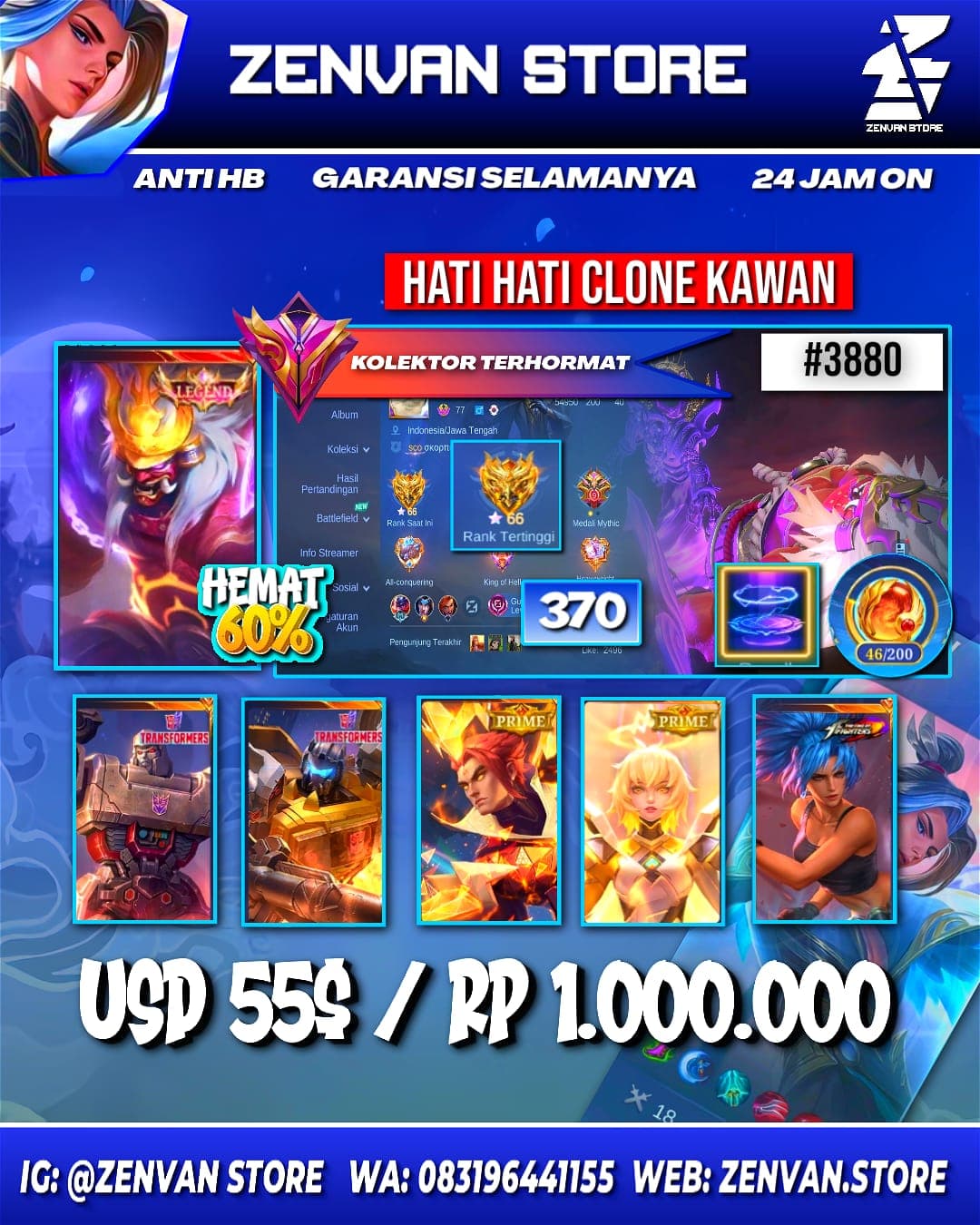 Foto akun ML #3880 🔥 370 Skins 🔥 Legend Franco 🔥 Collector Natalia 🔥 Transformer Granger & Roger 🔥 Prime Yu Zhong & Beatrix 🔥 - gambar 1