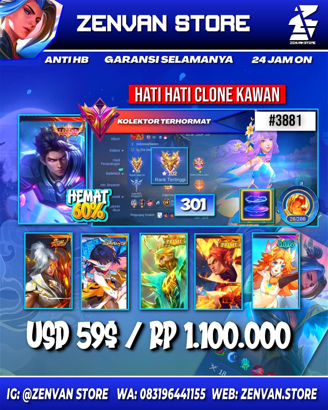 Foto akun ML #3881 🔥 301 Skins 🔥 Legend Alucard 🔥 Collector Natalia 🔥 Aspirant Ruby 🔥 Soul Valls Aamon 🔥 Prime Granger & Yu Zhong 🔥 - gambar 1