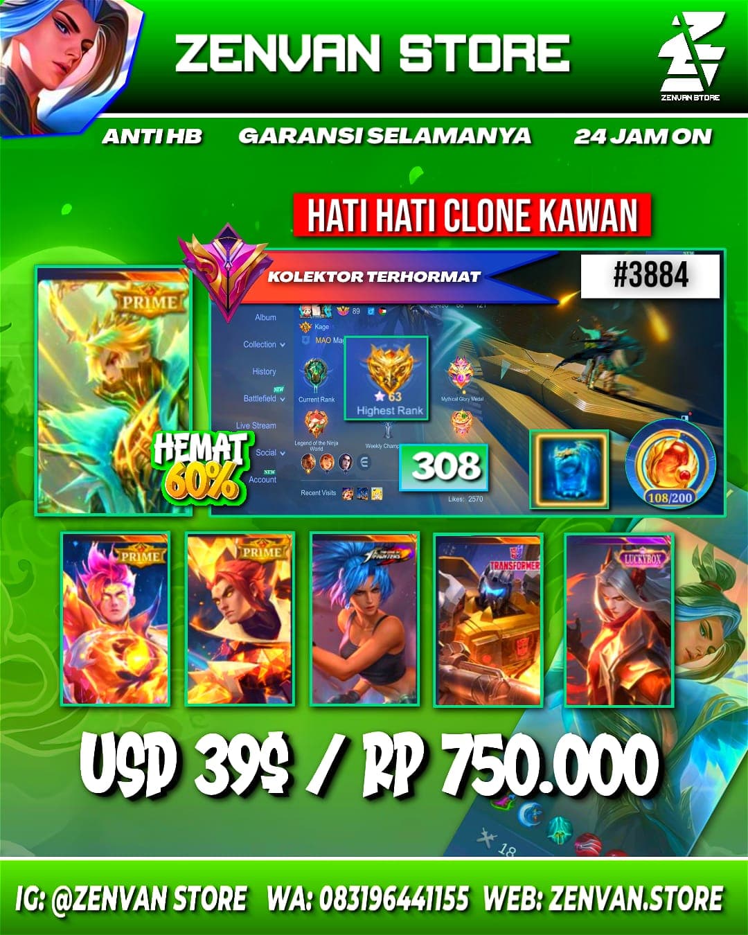 #3884 🔥 308 Skins 🔥 Prime Granger, Claude & Yu Zhong 🔥 Collector Natalia 🔥 M World Wanwan 🔥 SpongeBob 🔥
