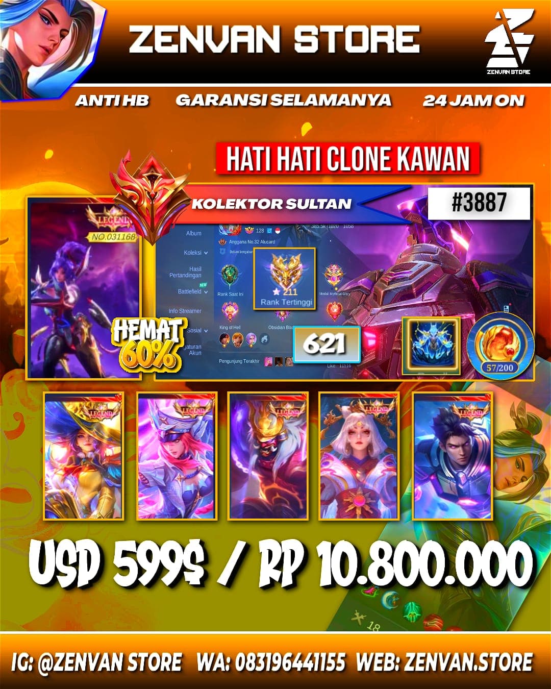 #3887 🔥 621 Skins 🔥 Legend Fanny, Lesley, Alucard, Freya, Franco, Lunox, Valir & Saber