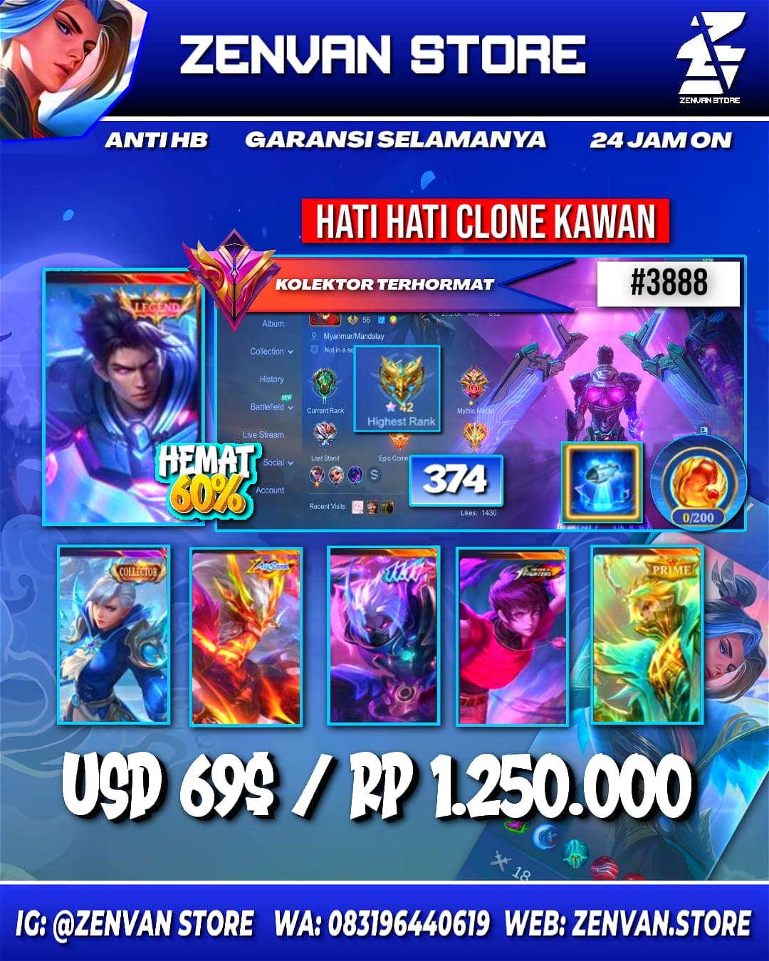 Foto akun ML #3888 🔥 374 Skins 🔥 Legend Alucard 🔥 Collector Silvana & Natalia 🔥 Internal Moskov 🔥 11.11 Hayabusa 🔥 KoF Dyrot & Karina 🔥 Prime Granger, Claude, Yu Zhong & Beatrix 🔥 Many Limited 🔥 Many Zodi - gambar 1
