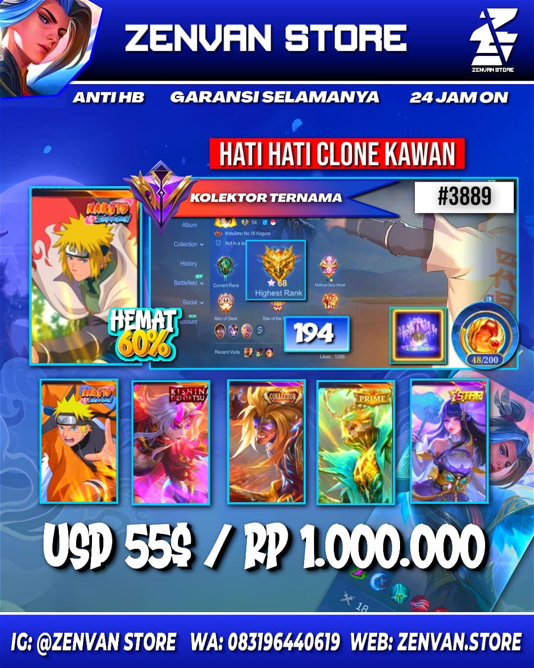 Foto akun ML #3889 🔥 194 Skins 🔥 Collector Badang & Natalia 🔥 Minato 🔥 Naruto 🔥 Kinsin Karrie 🔥 Prime Granger 🔥 SpongeBob 🔥 KoF Karina 🔥 Clouds Kagura 🔥 Many Limited 🔥 Many Epic 🔥 Safe Account ✅ - gambar 1