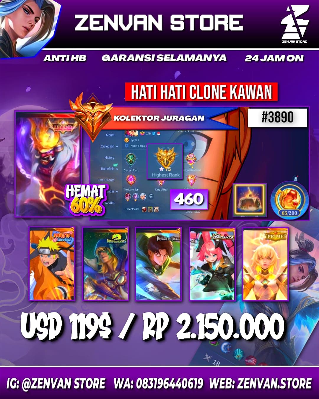 Foto akun ML #3890 🔥 460 Skins 🔥 Legend Franco 🔥 Collector Jawhead & Natalia 🔥 Naruto 🔥 Attack on Titan Levi 🔥 Mistbender Aldous 🔥 Aspirant Layla & Ruby 🔥 Sanrio Chang'e & Floryn 🔥 KoF Aurora 🔥 Transform - gambar 1