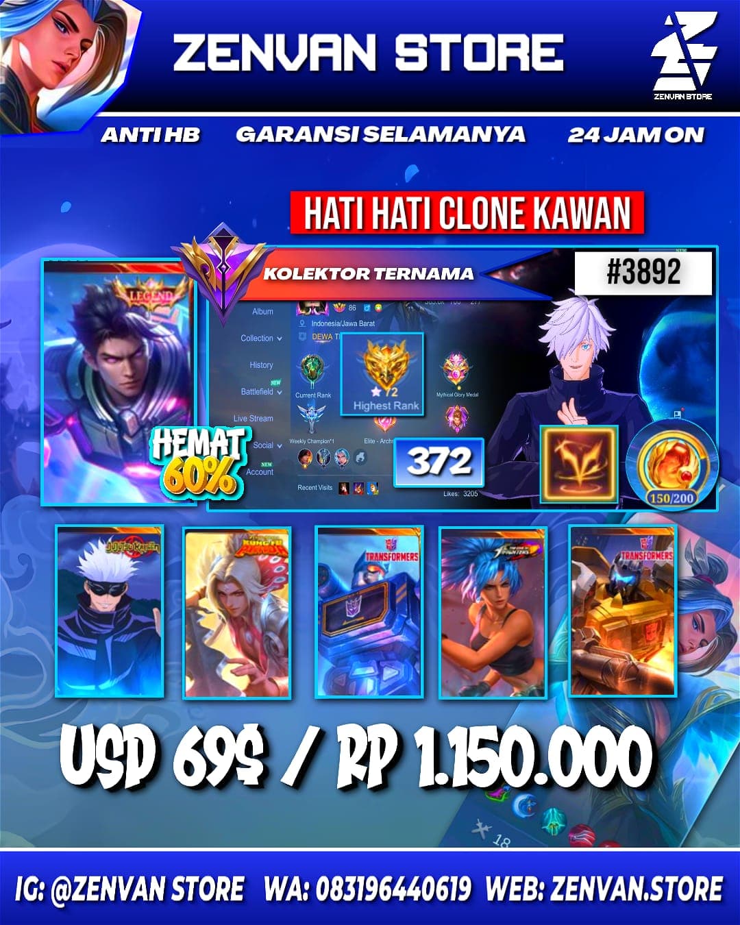 Foto akun ML #3892 🔥 372 Skins 🔥 Legend Alucard 🔥 Jujutsu Kaisen Gojo 🔥 Kungfu Panda Ling & Thamuz 🔥 Transformer Popol & Roger 🔥 Prime Beatrix 🔥 KoF Karina 🔥 Many Limited 🔥 Many Zodiac 🔥 Many Epic 🔥 Saf - gambar 1