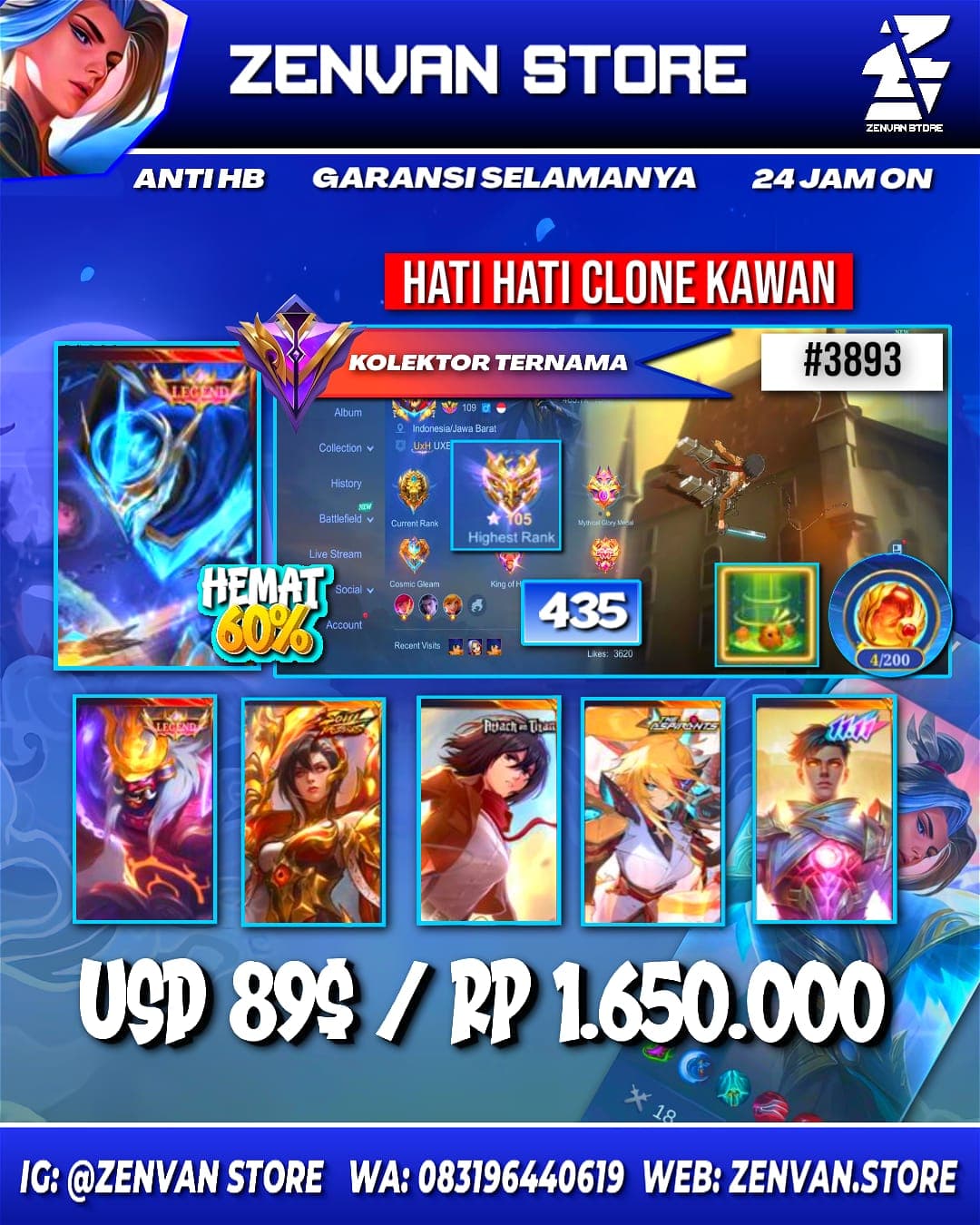 Foto akun ML #3893 🔥 435 Skins 🔥 Legend Jhonson & Gusion 🔥 Collector Natalia 🔥 Soul Valls Benedetta 🔥 Attack on Titan Mikasa 🔥 11.11 Gusion 🔥 Aspirant Lesley 🔥 Prime Yu Zhong & Beatrix 🔥 SpongeBob 🔥 KoF - gambar 1