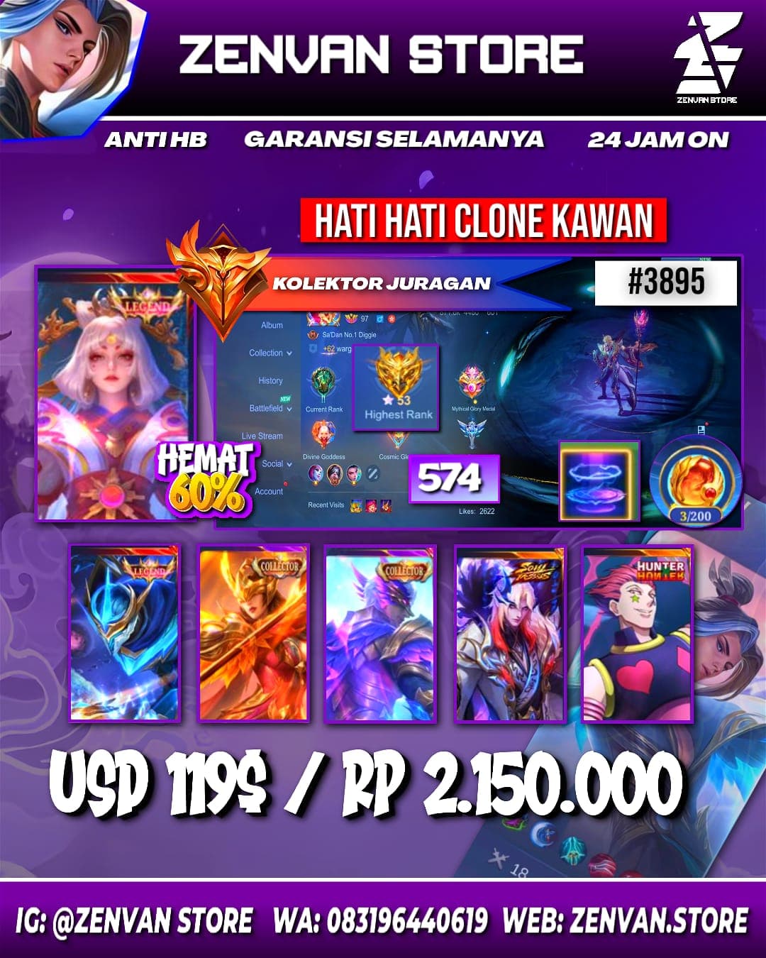 Foto akun ML #3895 🔥 574 Skins 🔥 Legend Lunox & Gusion 🔥 Collector Pharsa, Gusion & Natalia 🔥 Soul Valls Cecilion 🔥 HunterxHunter Hisoka 🔥 Aspirant Ruby 🔥 Prime Granger, Claude & Yu Zhong 🔥 KoF Karina 🔥 T - gambar 1