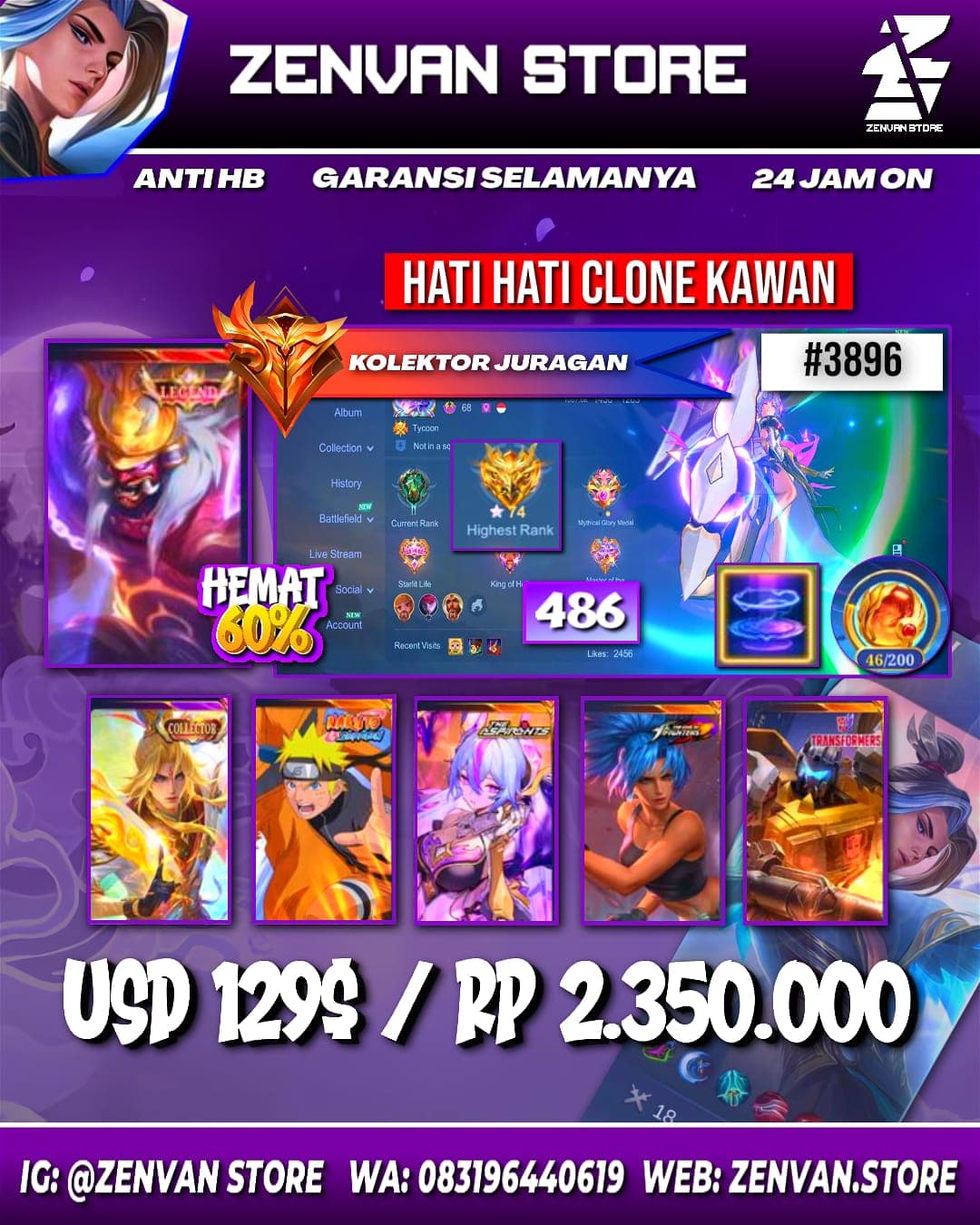 Foto akun ML #3896 🔥 486 Skins 🔥 Legend Franco 🔥 Collector Xavier & Natalia 🔥 Naruto 🔥 Aspirant Vexana 🔥 Prime Granger, Claude & Yu Zhong 🔥 SpongeBob 🔥 KoF Karina 🔥 Transformer Roger 🔥 Many Limited 🔥 Ma - gambar 1